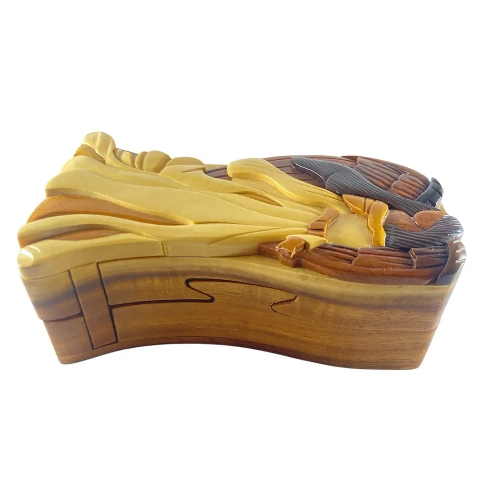 Vintage Hand Carved Wooden Christmas Angel Puzzle‎ Trinket Box Hidden Secre